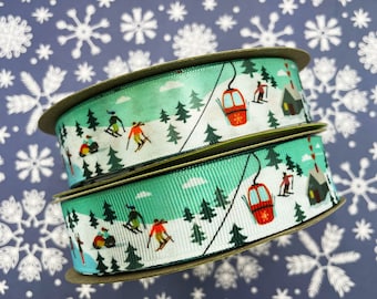 Winter ribbon with skiers, skaters, for party favors, party decor, gift wrap, gift baskets, sewing, quilting, printed on 7/8" white satin