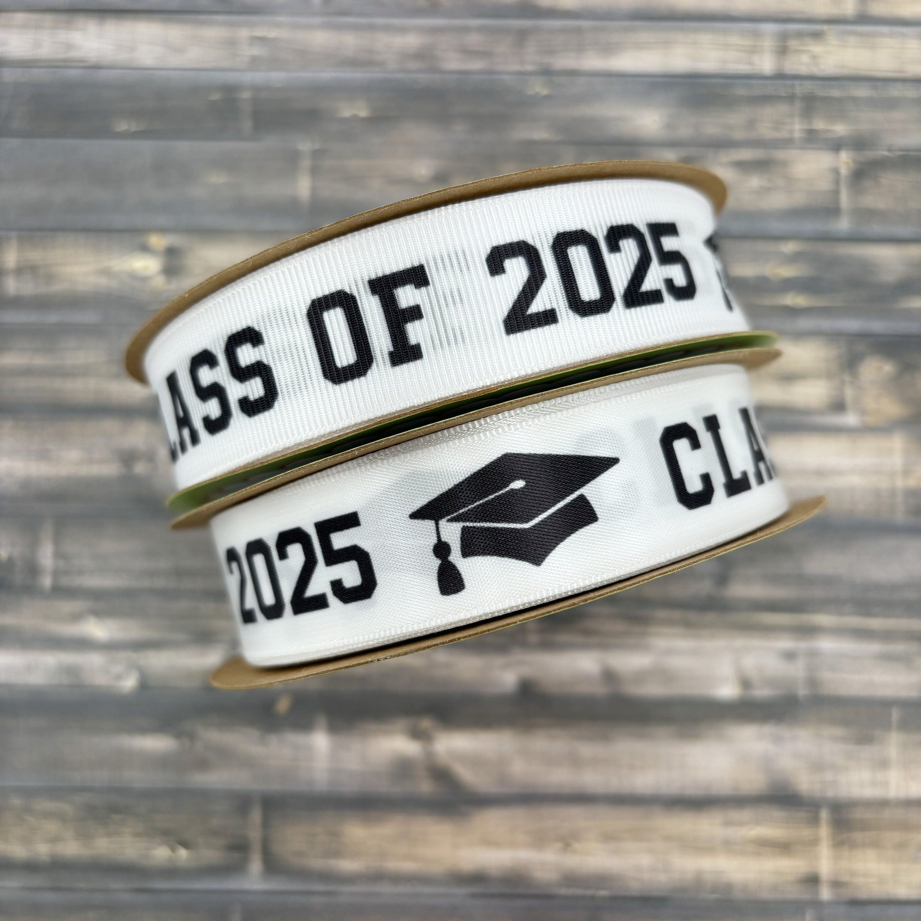 Graduation Ribbon Class of 2025  with mortar board for favors, gift wrap, parties, cookies, candy, printed on 78" white satin and grosgrain