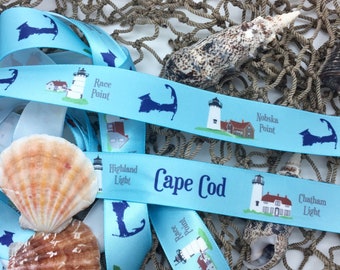 Cape Cod Ribbon Lighthouses for weddings, Summer parties, gift wrap, gift baskets, gift shops, crafts, quilting printed on 7/8" white satin