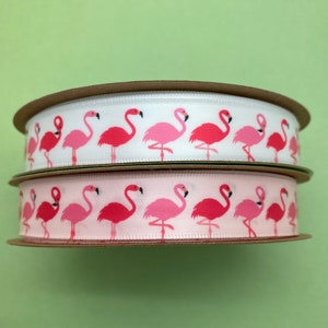 Flamingo ribbon fun for beach parties, Summer party, gift wrap, party decor, party favors printed on 5/8&quot; white and lt. pink satin