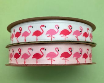 Flamingo ribbon fun for beach parties, Summer party, gift wrap, party decor, party favors printed on 5/8&quot; white and lt. pink satin