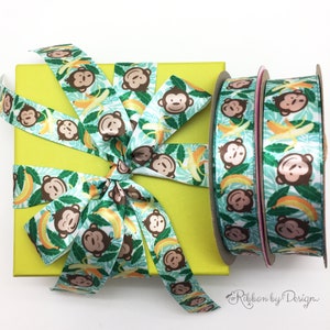 Monkey ribbon ideal for baby shower, birthday party, gift wrap, party decor, quilting, crafts, hair bow printed on 5/8" and 7.8" white satin