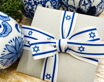 9 Rolls Happy Hanukkah Ribbon - White & Blue Star Of David Menorah Gift Wrapping