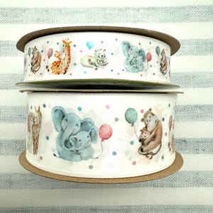 Baby Animal Ribbon for Baby showers, birthdays, zoo themed parties, gift wrap, gift baskets, quilting printed on 7/8&quot; and 1.5&quot; white satin