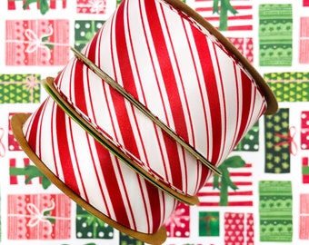 Candy Cane stripe ribbon ideal for Christmas party decor, favors, gift wrap, cookies, quilting, printed on 5/8&quot;, 7/8 and 1.5&quot;&quot; white satin
