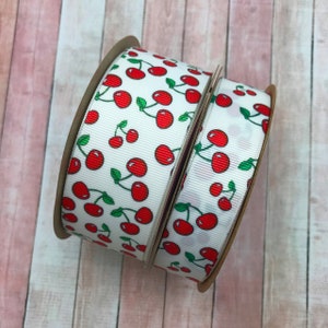 Cherry ribbon Red Cherries for crafts, hair bows, gift wrap, gift baskets, quilting, scrap books  printed on 7/8&quot; and 1.5&quot; white grosgrain