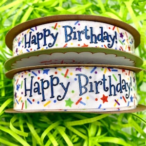 Birthday ribbon Happy Birthday sprinkles and stars for gift wrap, gift baskets, party favors, quilting  printed on 5/8" and 7/8" white satin