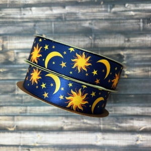 Celestial Ribbon Sun, Moon, Stars mystic themed, gifts, crafts, quilting on a black or blue background printed on 7/8" satin or grosgrain