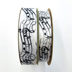 Music Ribbon with musical notes gift wrap, quilting, party favors, cookies, gift baskets, in black on 5/8" white satin and 7/8" grosgrain