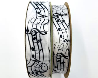 Music Ribbon with musical notes gift wrap, quilting, party favors, cookies, gift baskets, in black on 5/8&quot; white satin and 7/8&quot; grosgrain