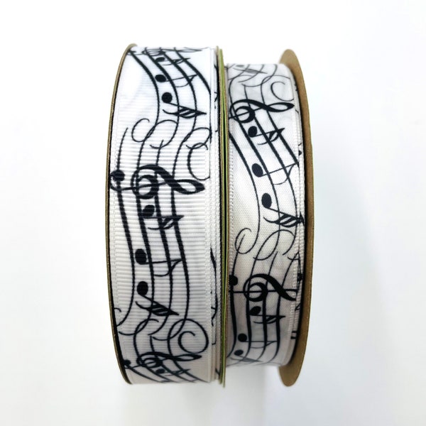 Music Ribbon with musical notes gift wrap, quilting, party favors, cookies, gift baskets, in black on 5/8" white satin and 7/8" grosgrain