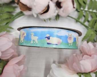 Sheep and lambs ribbon for Easter and Spring gifts, baskets, party favors and crafts printed on 7/8" white single face satin