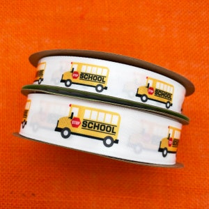 School bus ribbon for bus driver gifts, gift wrap, lanyards, back to school, cookies, party favors printed on 5/8" and 7/8" white satin