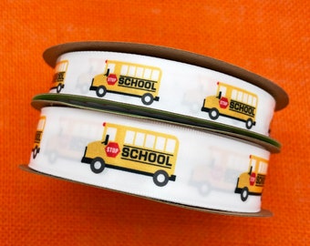 School bus ribbon for bus driver gifts, gift wrap, lanyards, back to school, cookies, party favors printed on 5/8&quot; and 7/8&quot; white satin