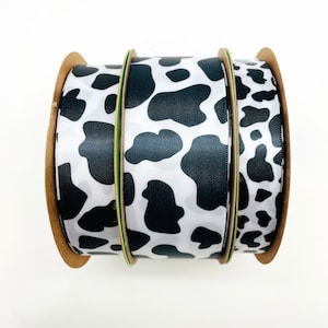 Cow print ribbon for costume trim, barnyard, farm, tutu trim, quilting, gift wrap, party decor, printed on 5/8&quot;  7/8&quot; and 1.5&quot; white  satin