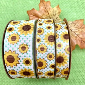 Sunflower ribbon with green dots ideal for Fall gift wrap, Barn wedding decor,  quilting, head bands printed on 7/8&quot; and 1.5&quot; grosgrain