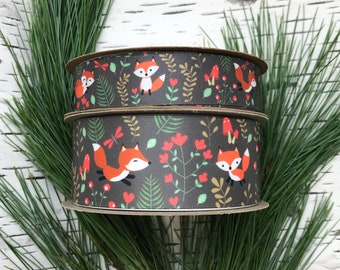 Fox ribbon woodlands fox for baby showers, first birthday, head bands, gift wrap, gift basket, quilting printed on 7/8" and 1.5" white satin