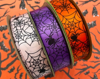 Spider web ribbon for Halloween party decor, treat bags, candy shops, gift wrap, quilting printed on purple, orange and pink 7/8" satin
