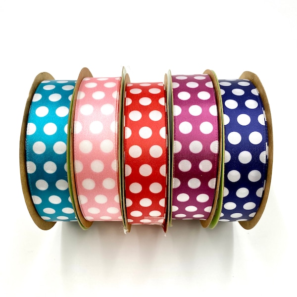 Polka dot ribbon white dots on colored backgrounds fun for gift wrap, gift baskets, sewing, quilting and crafts printed on 7/8" white satin