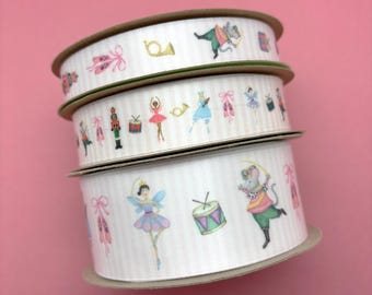 Nutcracker Ballet ribbon ideal for Holiday gift wrap, gift baskets, quilting, crafts, sewing printed on 5/8&quot;,  7/8&quot;  1.5&quot; white satin