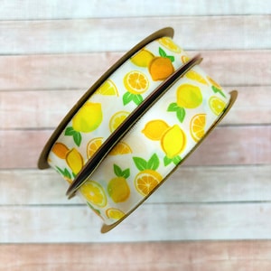 Lemon ribbon ideal for Summer parties, citrus themes, fruit, gift wrap, bridal showers, quilting, crafts printed on 5/8" and 7/8" satin