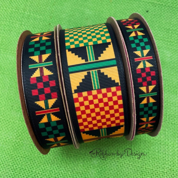 African Tribal ribbon Kente design  for Juneteenth, Black History Month, quilting printed on 1.5", 7/8", and 5/8"  white grosgrain ribbon