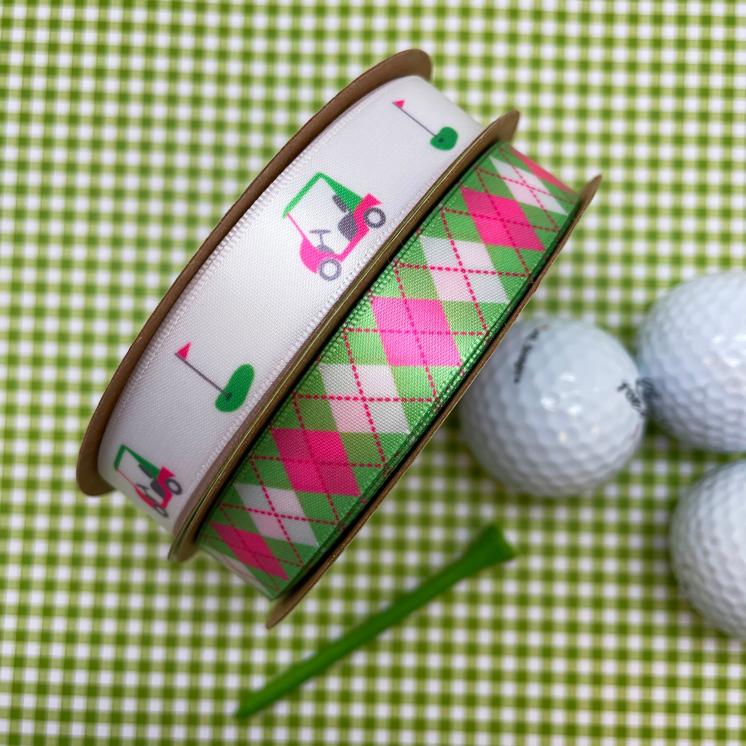 Golf Ribbon With Carts and Clubs in Pink and Green for Etsy UK