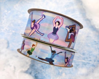 Figure Skater ribbon Skaters in watercolor pastels printed on 7/8" and 1.5" White satin