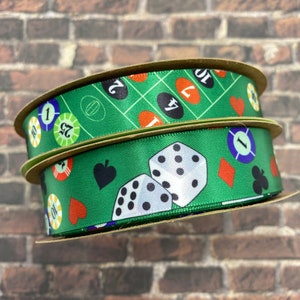 Casino ribbon ideal for casino party, Monte Carlo Night, card party, poker games, roulette, printed on 7/8" and 5/8" white single face satin