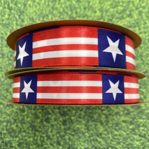 Patriotic ribbon stars and stripes for 4th of July, America, party decor, party favor, floral design printed on 5/8" and 7/8" white satin