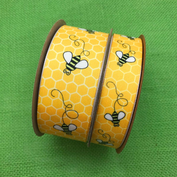 Buzzing Bees Ribbon with a yellow comb ideal for hair bows, gift wrap, quilting, sewing printed on 1.5" and 7/8" and 5/8"  white grosgrain
