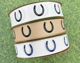 Equestrian ribbon horse shoes in a row for bows, horse shows, gift wrap, quilting printed in black or navy on 7/8" white or tan grosgrain