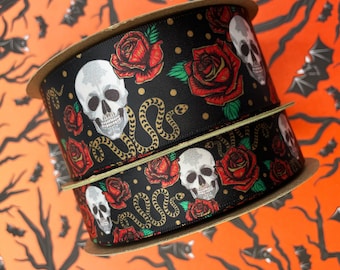 Gothic ribbon skulls, snakes and roses , Goth design, Halloween, fascinators, headbands, sewing quilting printed on 7/8" and 1.5" satin