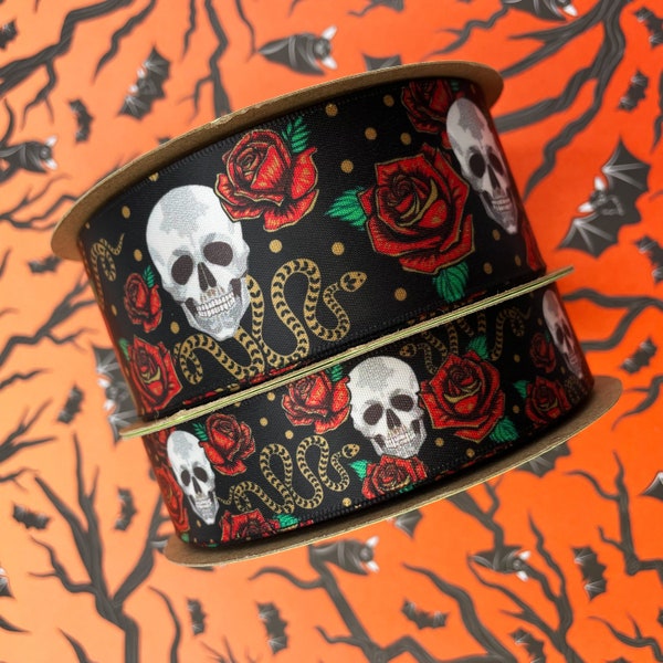 Gothic ribbon skulls, snakes and roses , Goth design, Halloween, fascinators, headbands, sewing quilting printed on 7/8" and 1.5" satin