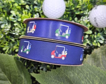 Golf carts in yellow, blue, red and green with golf clubs on a navy blue background printed on 7/8" white single face satin and grosgrain