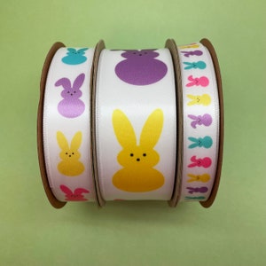 Easter ribbon peeps bunnies for Easter baskets, gift wrap, favors, candy shops, chocolatiers printed on 5/8", 7/8 and 1.5" white satin