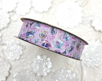 Tea Cups Teapots Ribbon on Lilac Satin – English Garden Theme Crafting Supply
