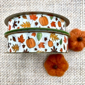 Fall leaves ribbon with pumpkins ideal for Thanksgiving floral pieces, wreaths, Fall crafts printed on 5/8&quot; an 7/8&quot; antique white ribbon