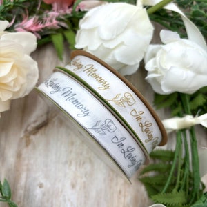 In Loving Memory ribbon gold script and Calla Lily for funerals, memorial service, gifts, printed in gold or silver font on 5/8" white satin