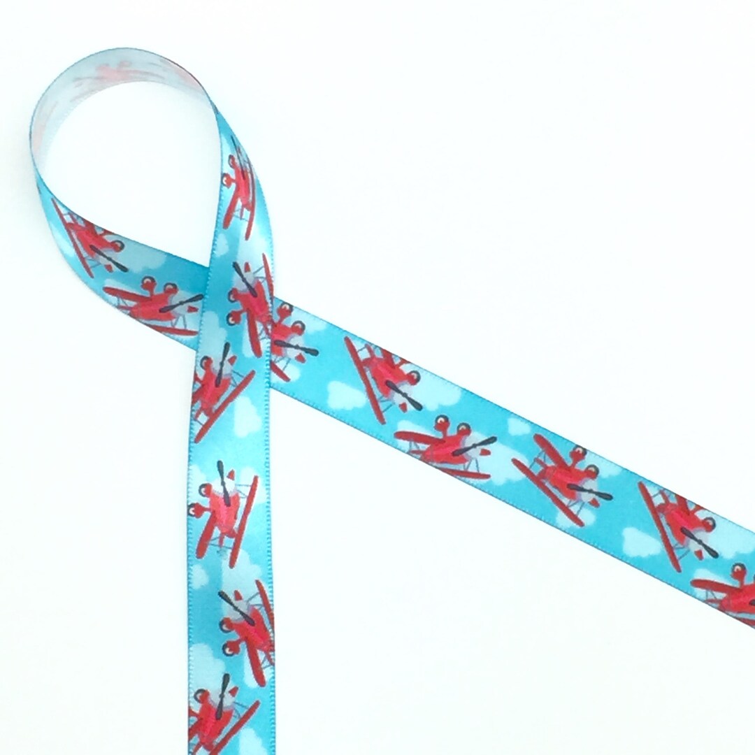 Vintage Airplane Ribbon: Red Biplanes on Blue Sky, 5/8
