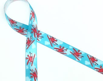 Vintage Airplane Ribbon: Red Biplanes on Blue Sky, 5/8" Satin