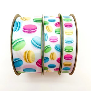 Macaroon ribbon cookies in pastel for gift wrap, gift baskets, party decor, bakeries, quilting printed on 5/8", 7/8" and 1.5" white satin