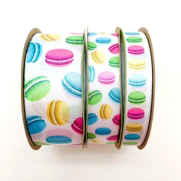 Macaroon ribbon cookies in pastel for gift wrap, gift baskets, party decor, bakeries, quilting printed on 5/8", 7/8" and 1.5" white satin