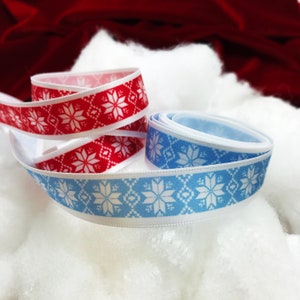 Snowflake ribbon Nordic design for gift wrap, party favors, gift baskets, party decor, quilting in blue or red printed on 5/8" white satin