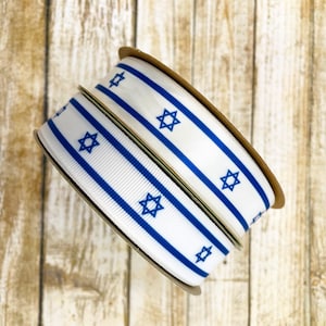 Israeli Flag ribbon for  Hanukkah gifts,  Bar Mitzvah, Bat Mitzvahs, gift wrap, gift baskets, printed on 7/8&quot; white satin and grosgrain