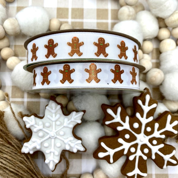 Gingerbread cookie  Ribbon for gift wrap, gift baskets, party favors, bakeries, hair bows, sewing, printed on 5/8" white satin and grosgrain