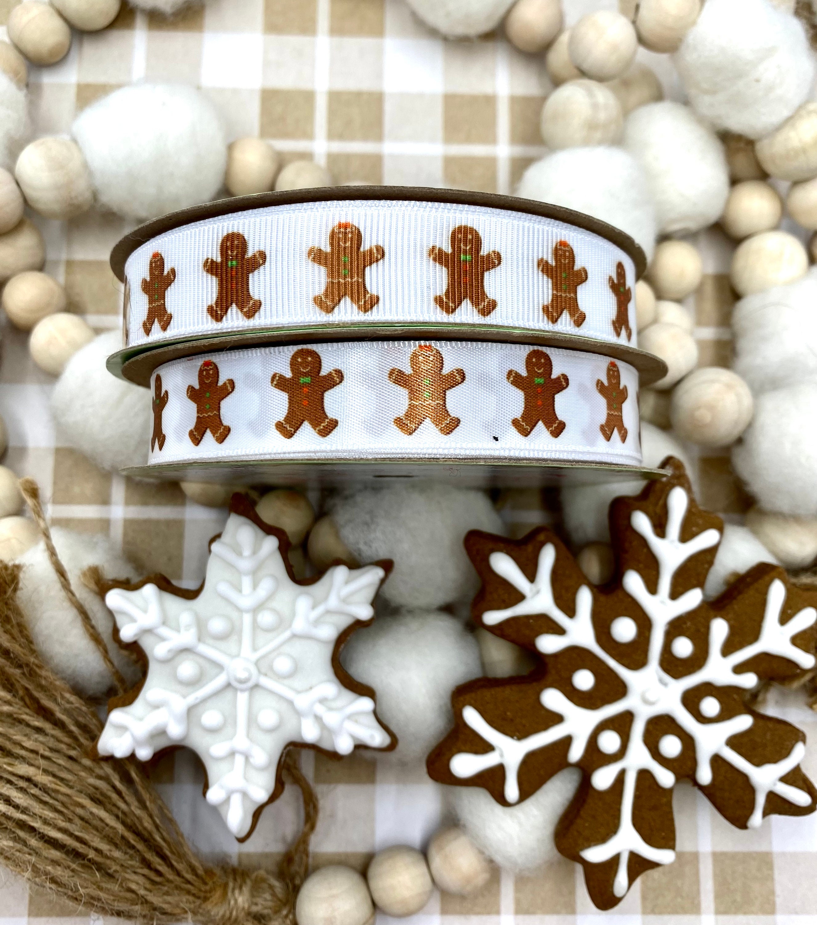 Gingerbread cookie  Ribbon for gift wrap, gift baskets, party favors, bakeries, hair bows, sewing, printed on 5/8" white satin and grosgrain