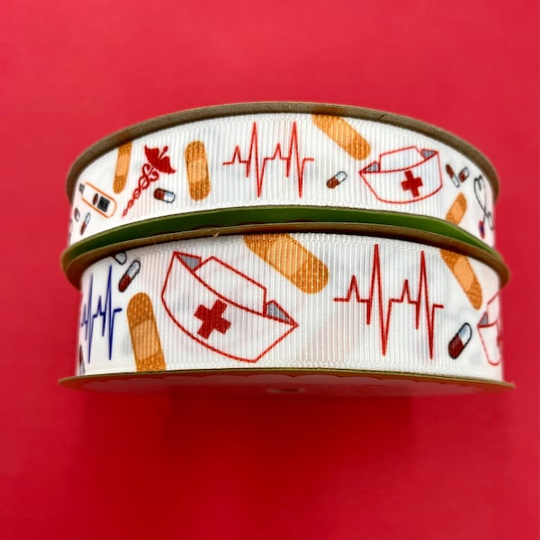 Nursing ribbon for Nurses Day, gift wrap, gift baskets, lanyards, lapel pins, sewing and crafts printed  on 5/8" and  7/8"  white grosgrain