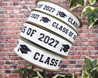 Class of 2027 Graduation Ribbon in black and white printed on 5/8" and 7/8" Satin