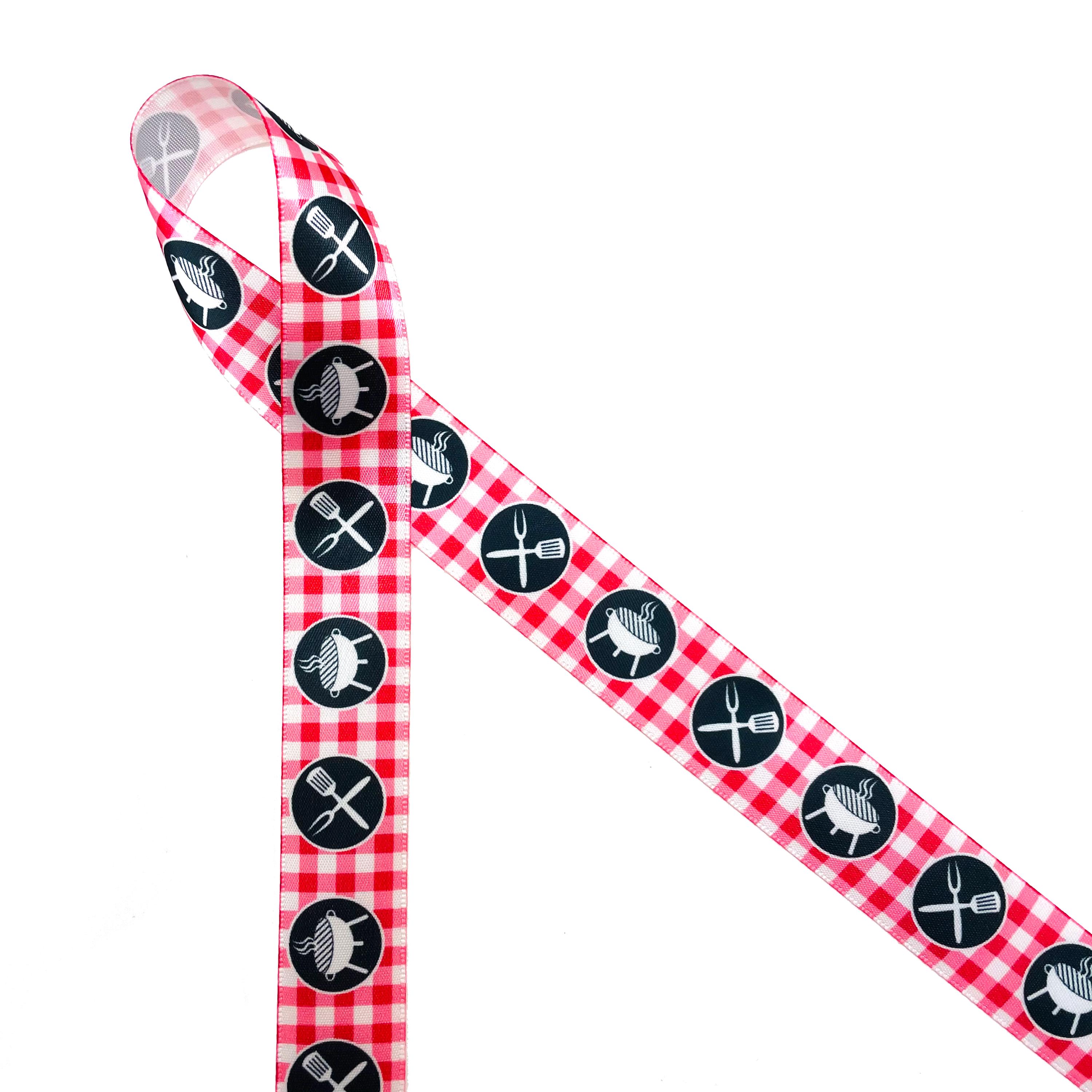Barbecue ribbon grilling theme perfect for party favors, party decor, gift wrap Father's Day, quilting, scrapbooks  on 5/8" white satin